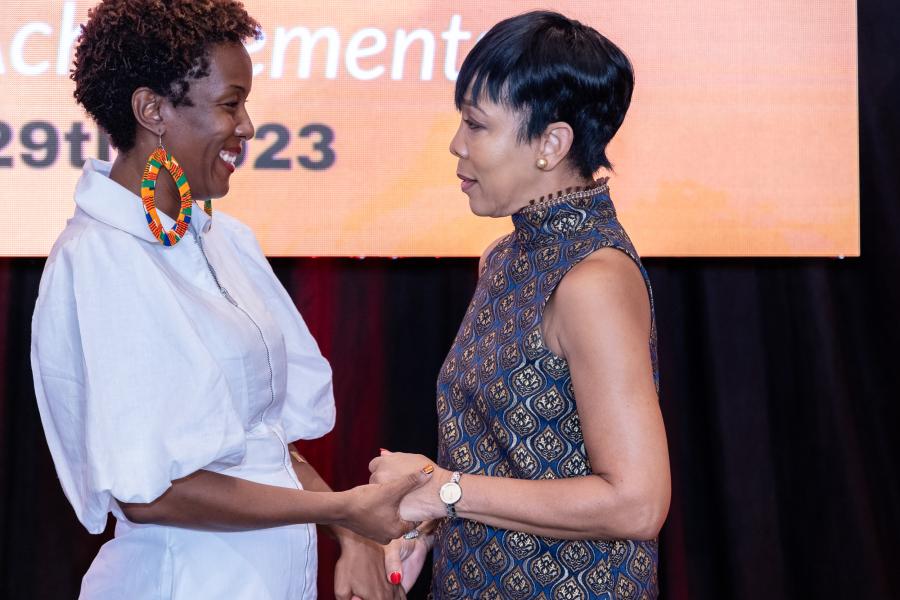 Representative of the UN Women Multi-Country Office -Caribbean, Tonni Brodber, thanks National Champion of the Spotlight Initiative, Sharon Clark-Rowley.